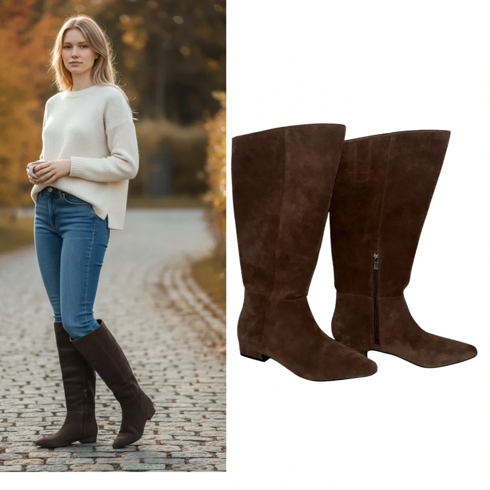 NWT Jason Wu Chocolate Brown Genuine Suede Knee-High Boots Zipper, Pointed Toe